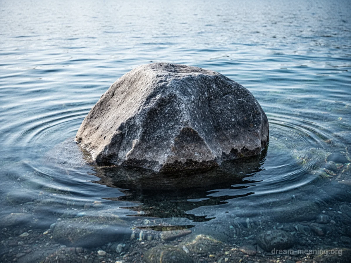 A large boulder sits in clear water with ripples on the surface.