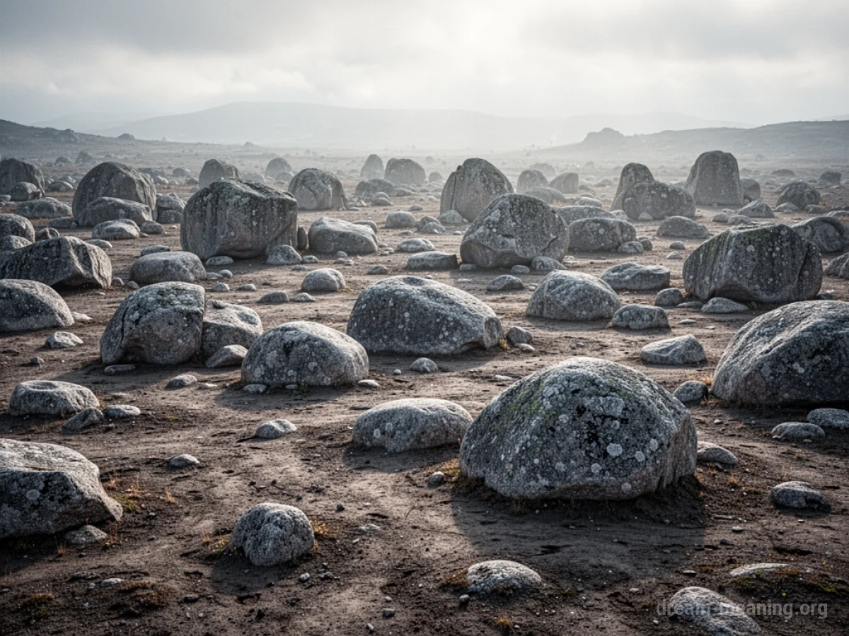 A wide view of a landscape filled with many large, grey boulders.