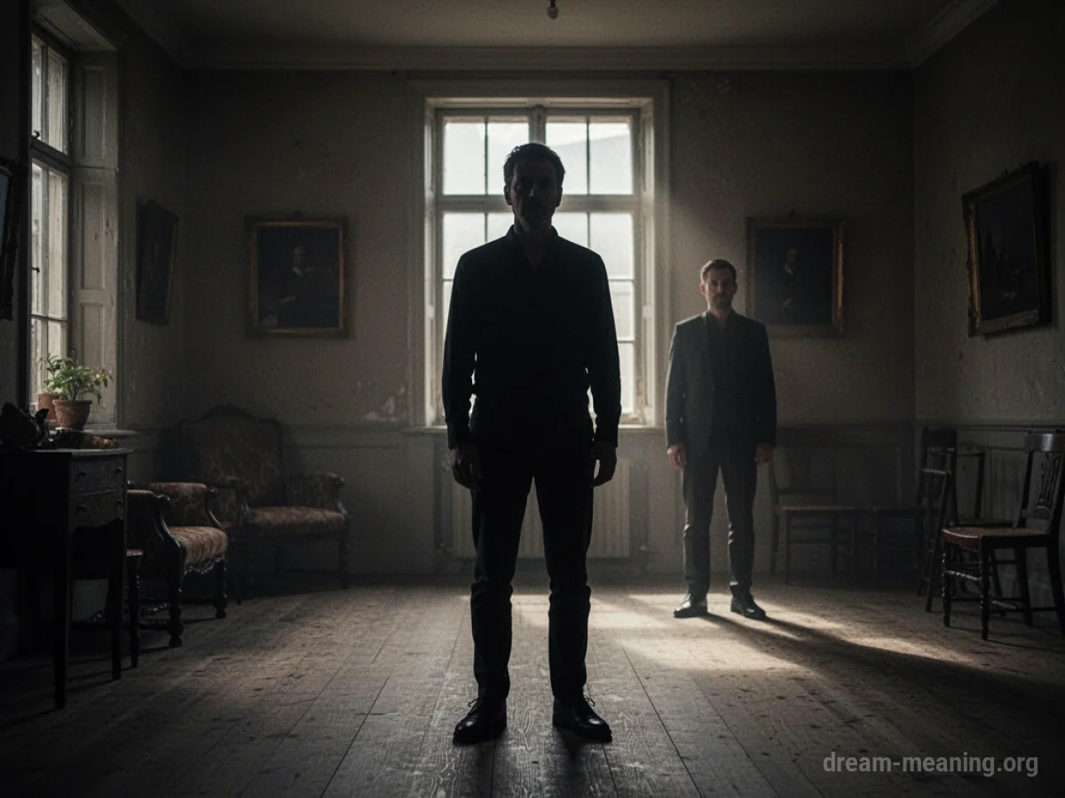 Silhouette of two people in a dimly lit room, one appears to be backing away.