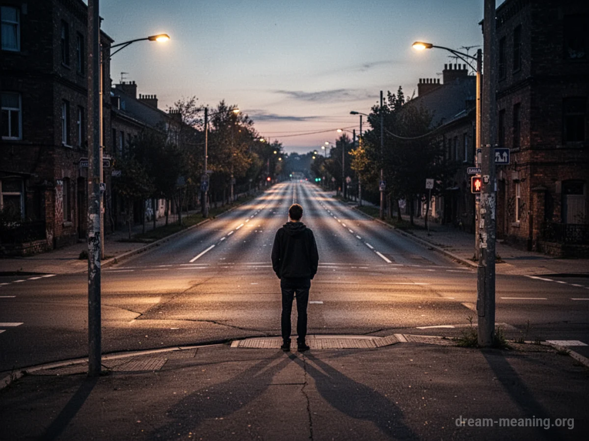 A person waiting alone on a street at dusk.