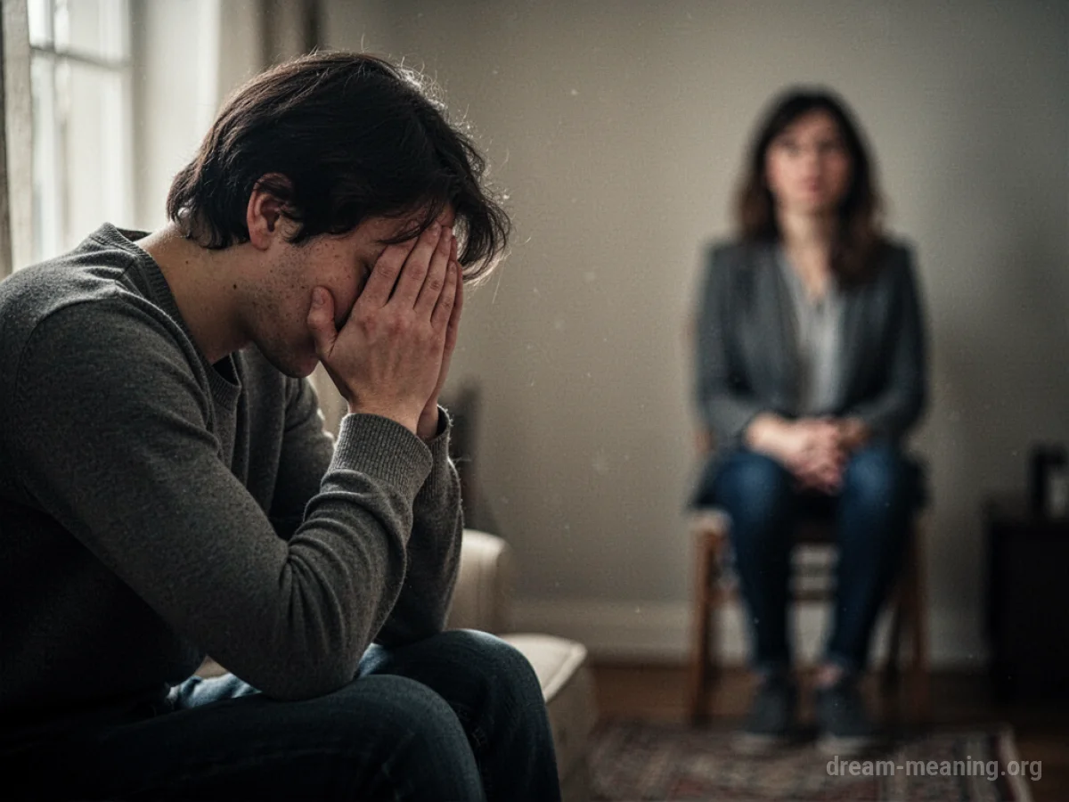 Person crying with their head down, a distant silhouette of another person.