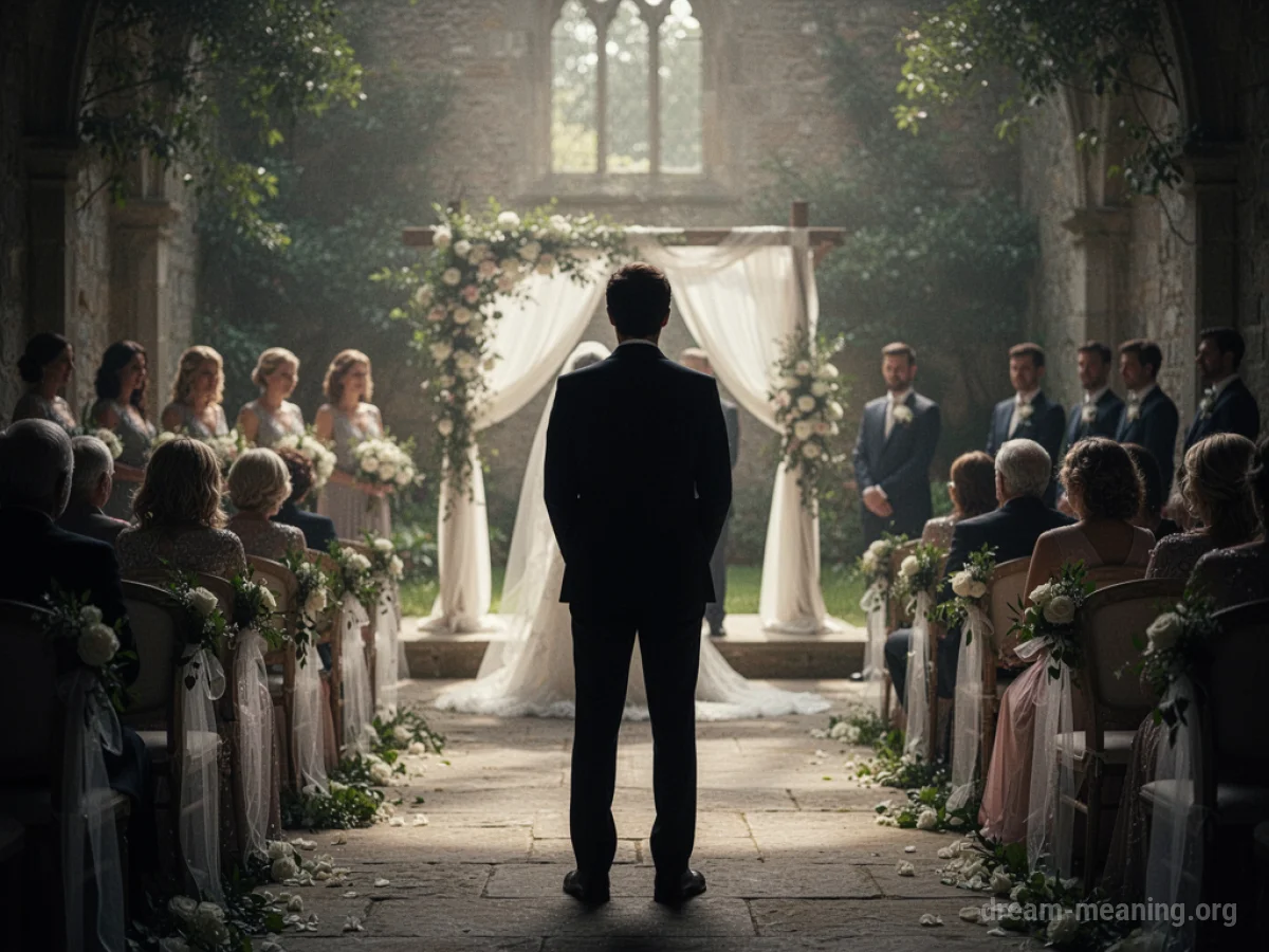 Silhouette of a person watching a wedding ceremony from a distance.