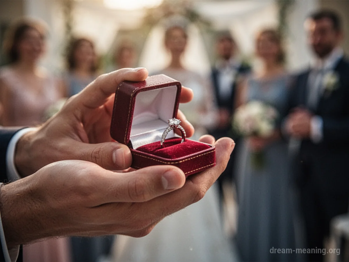 A hand holding an open ring box with a diamond ring inside.