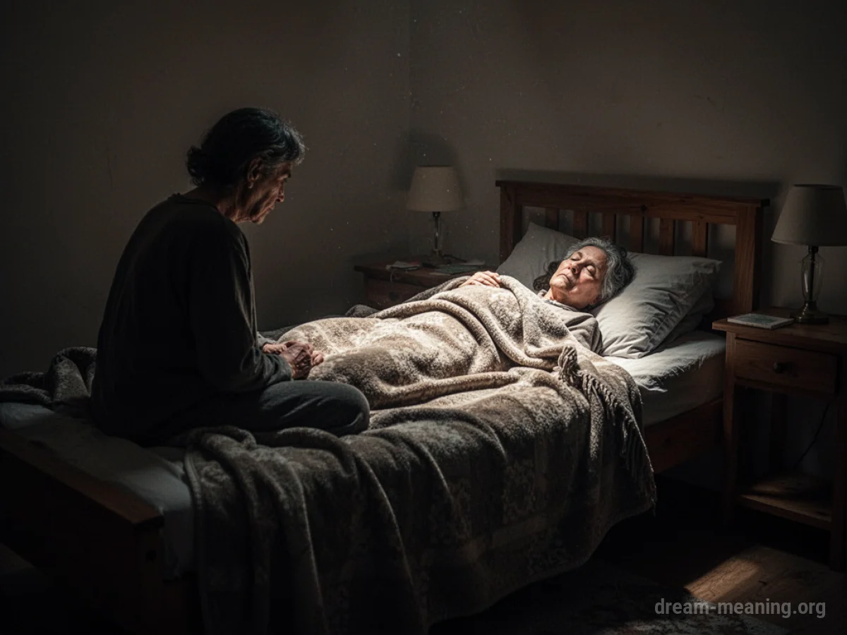 A silhouette of one person sitting near another person lying in bed.
