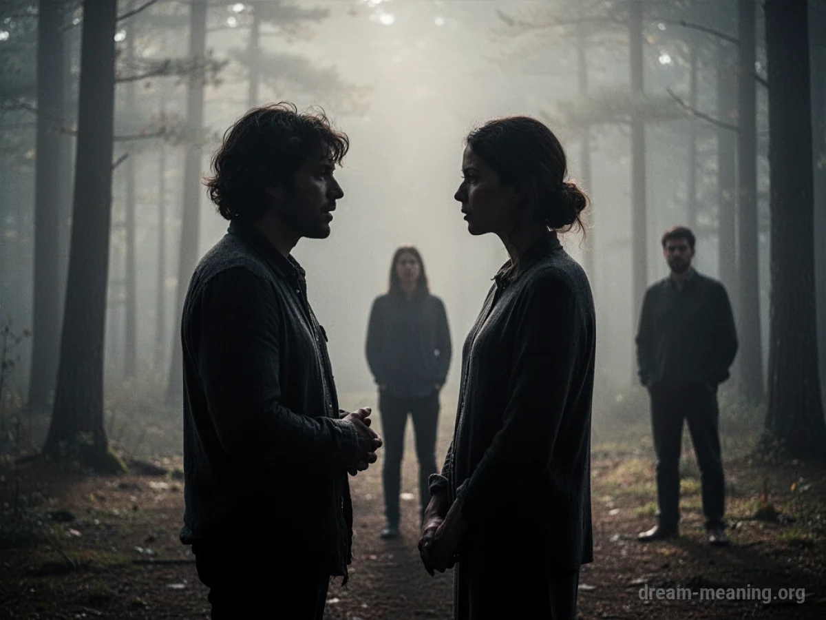 Silhouettes of two people talking, with a third person watching from a distance.