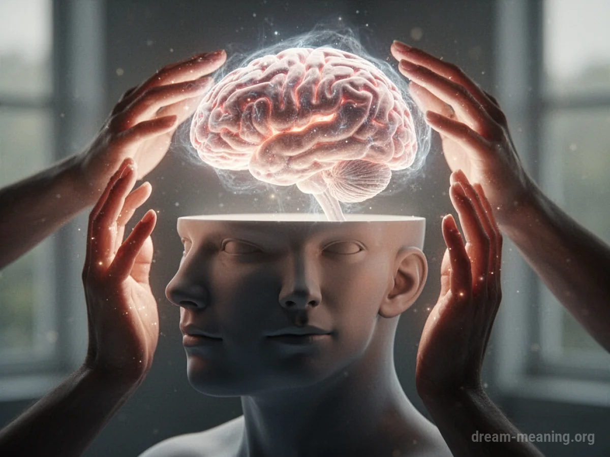 Stylized head with a glowing brain being lifted out by hands.