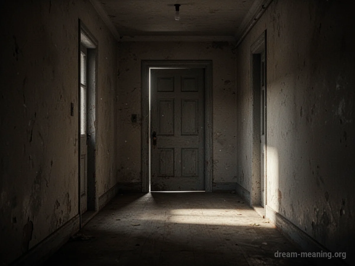 A long, dark hallway with a closed door at the far end.