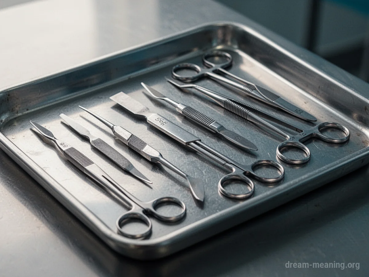 A collection of surgical tools laid out on a sterile tray.