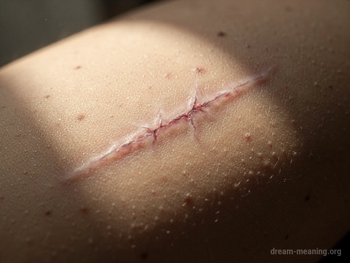 A close-up view of a healed scar on a person's forehead.