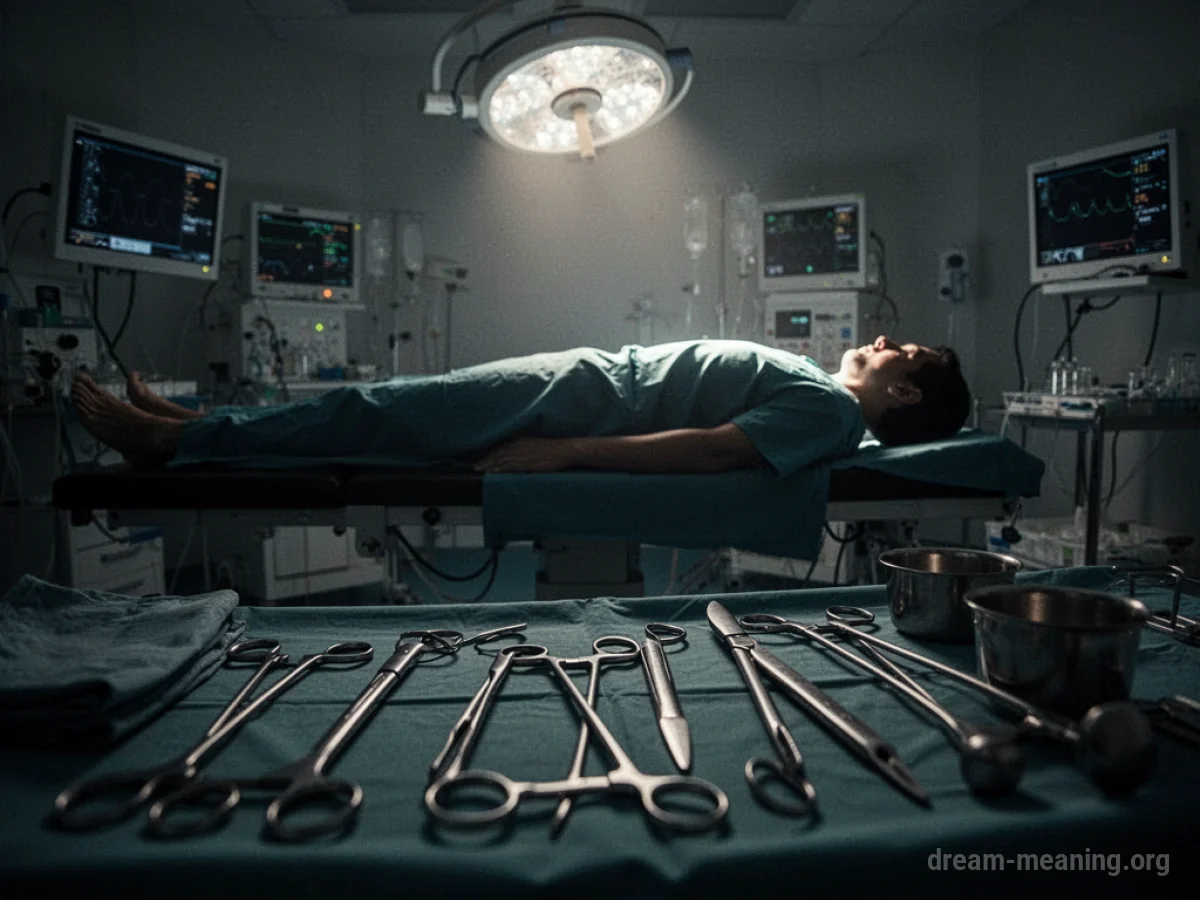 Silhouette of a person on an operating table in a dimly lit room with surgical instruments nearby.