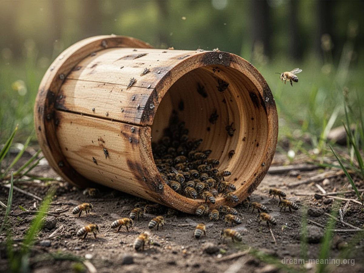 An overturned beehive lying on its side on the ground.