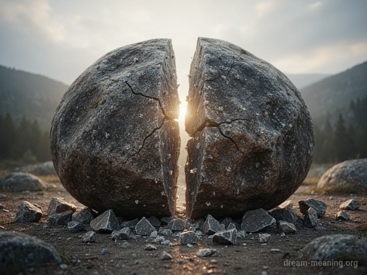 A large boulder split in half with light emanating from the crack.