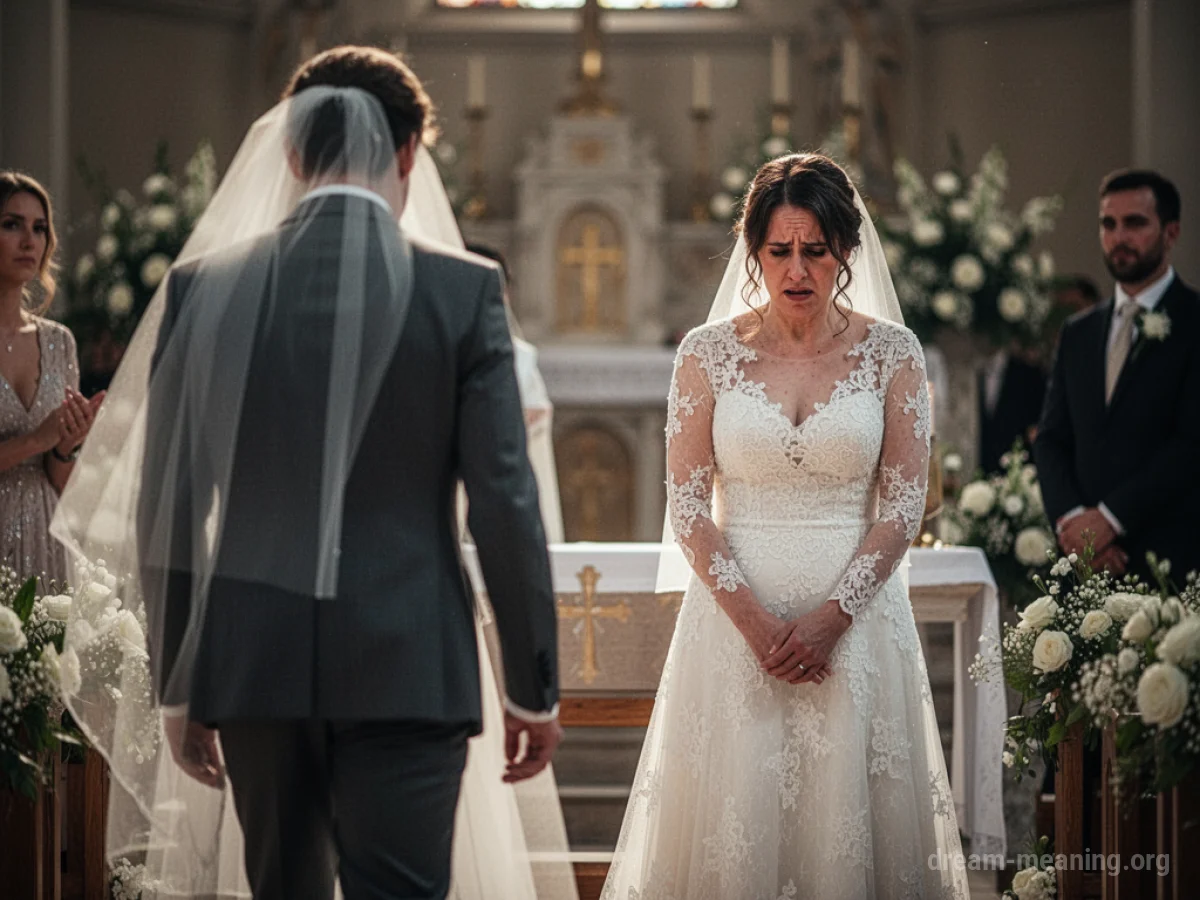 A wedding ceremony with one person leaving the altar.