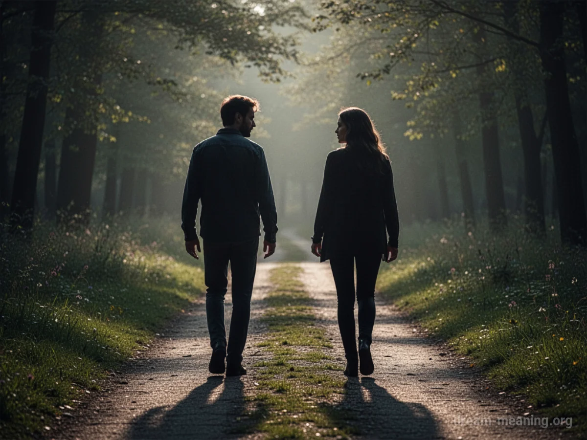 Two silhouetted figures parting ways on a path.
