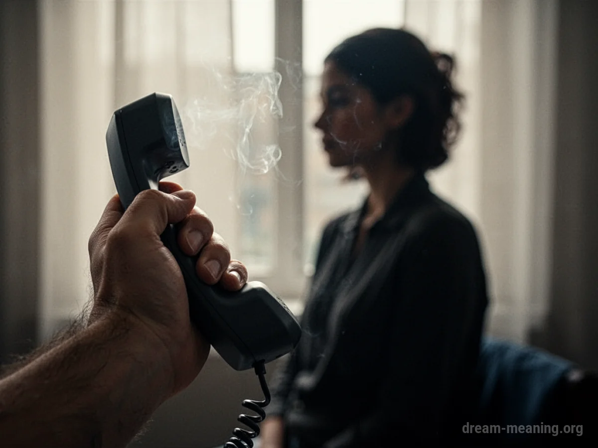 A hand holds a ringing phone with a distant silhouette.