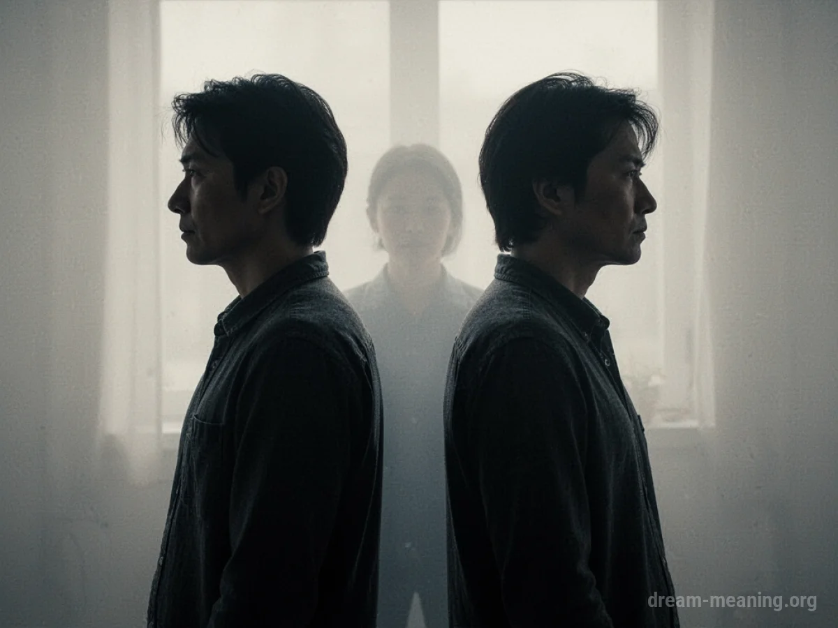 Two silhouetted figures with a shadowy, indistinct third figure between them.