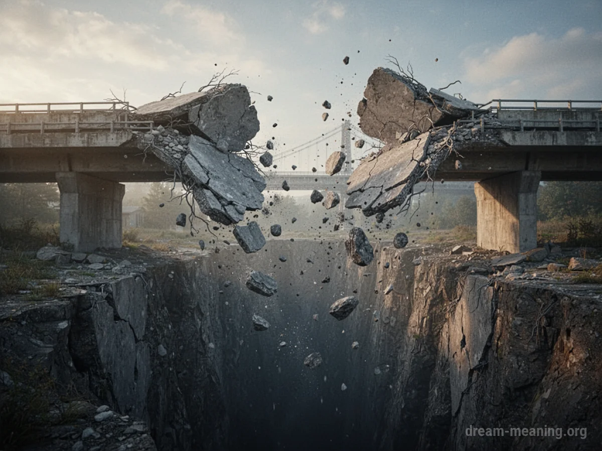 A bridge breaking apart with sections falling into darkness.