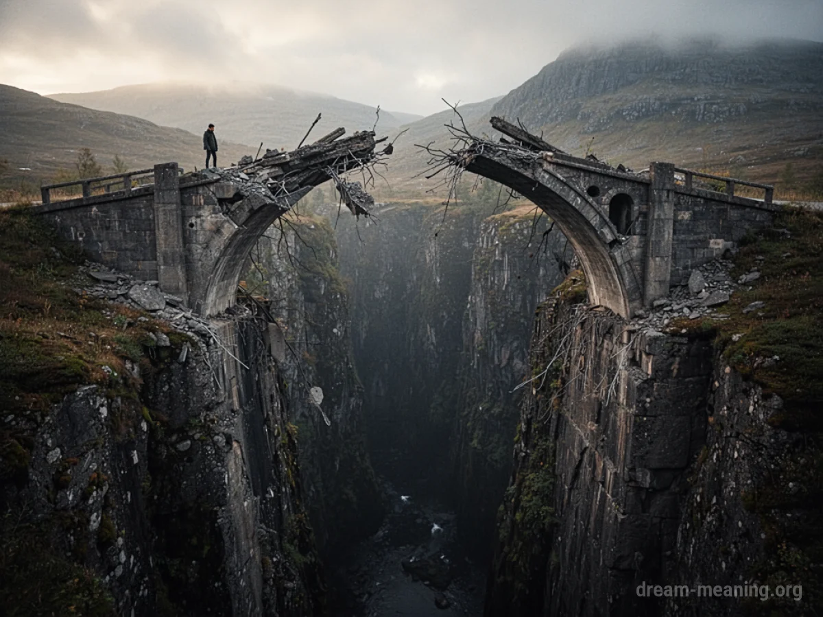 A broken bridge with a void between its ends and a person standing on the near side.