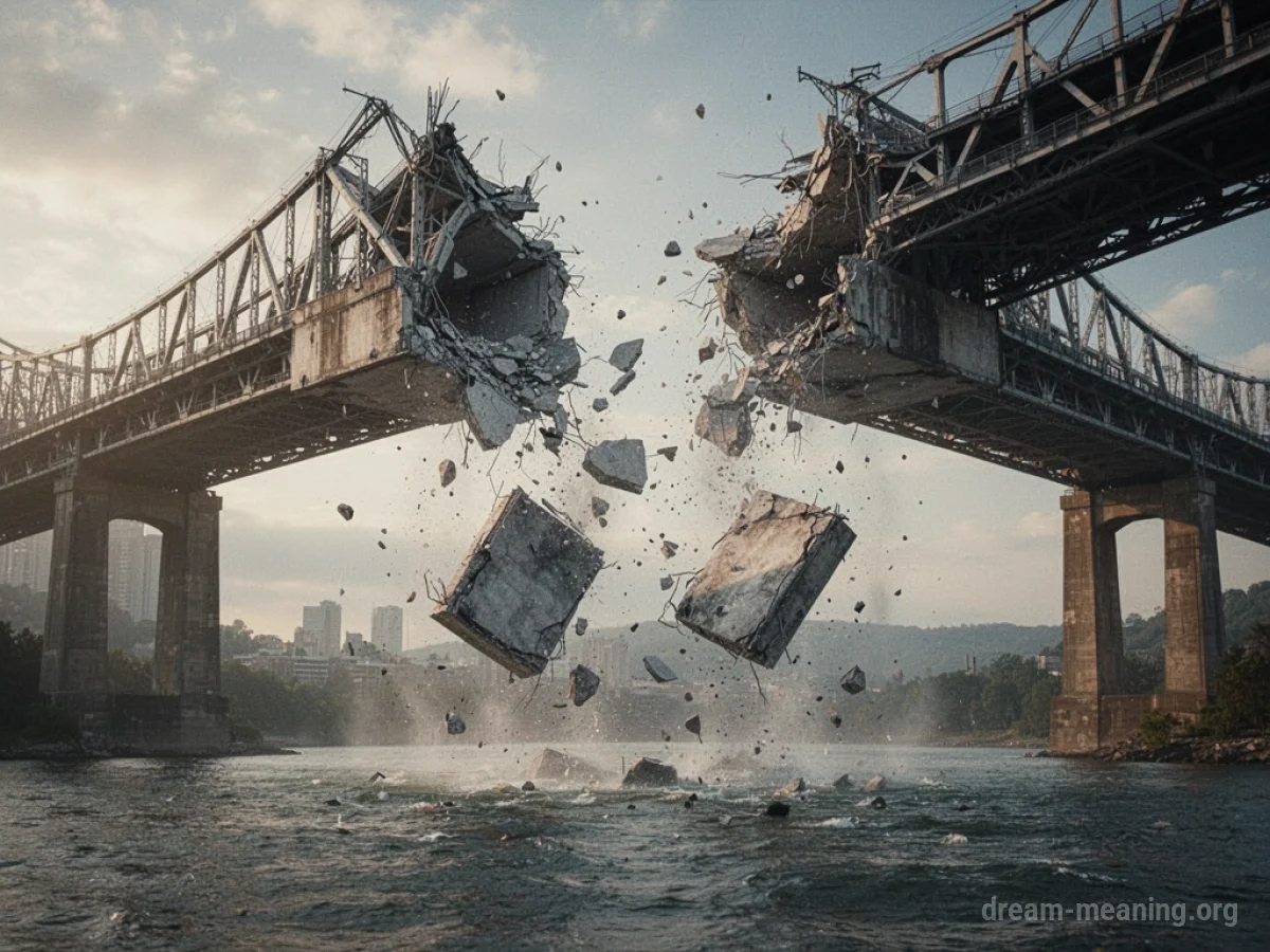 A large bridge fracturing and falling apart over a body of water.
