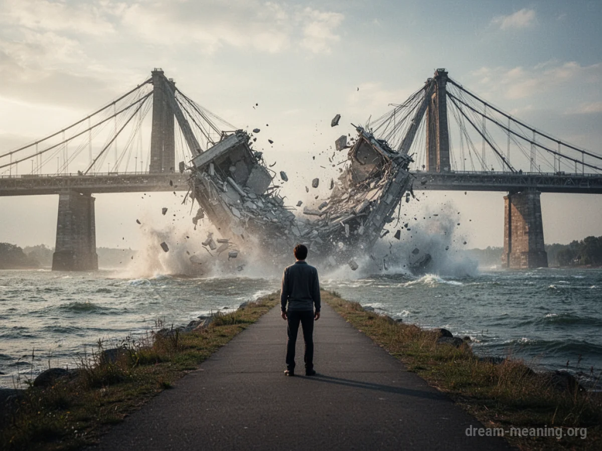 A person stands on a stable ground looking towards a broken bridge falling into water.