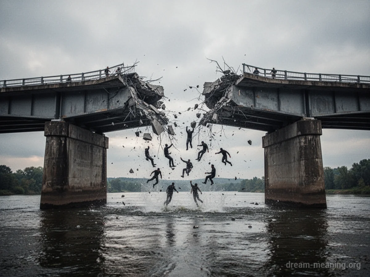 A bridge breaking apart with silhouetted figures falling.