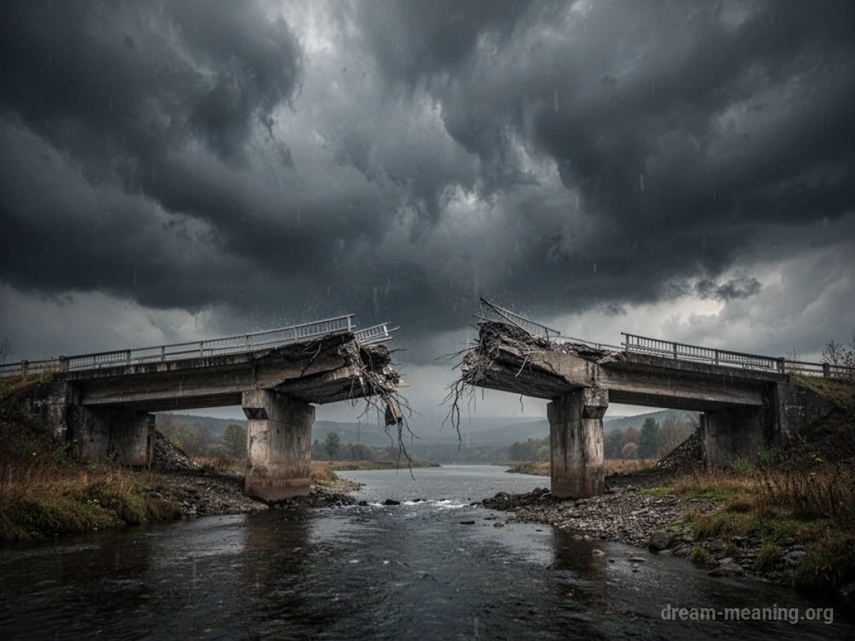 A broken bridge under a dark, stormy sky.