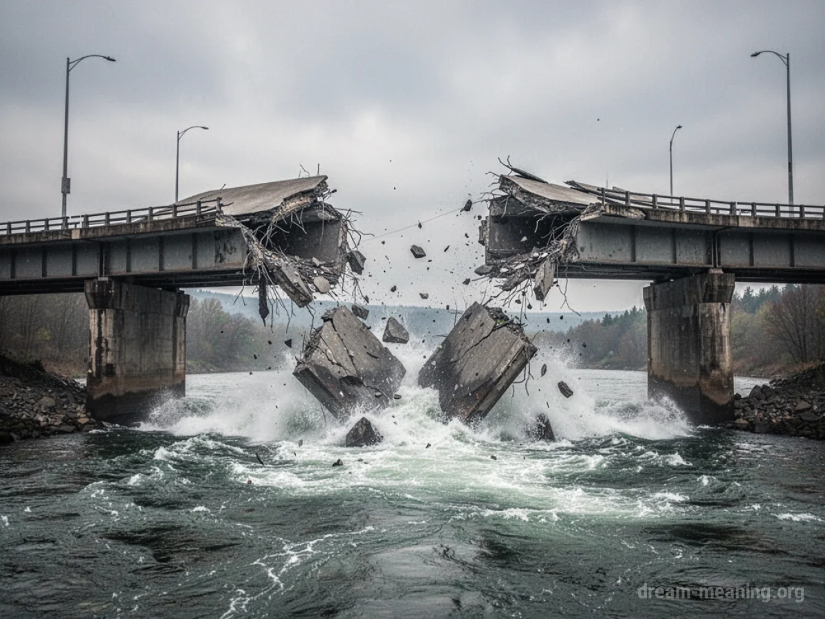 A bridge breaking apart and falling into dark, choppy water under a cloudy sky.