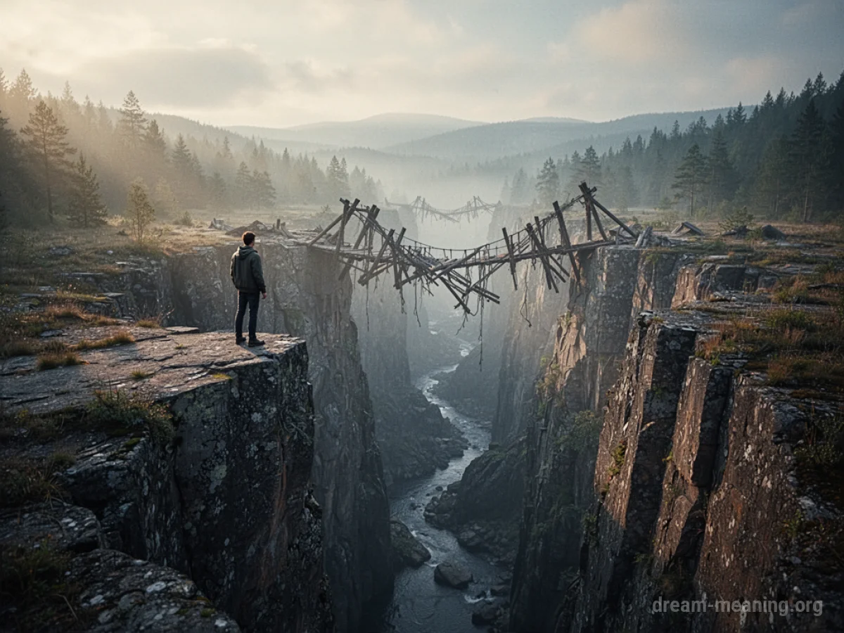 A person standing on the edge of a cliff looking across a gap where a bridge has fallen.