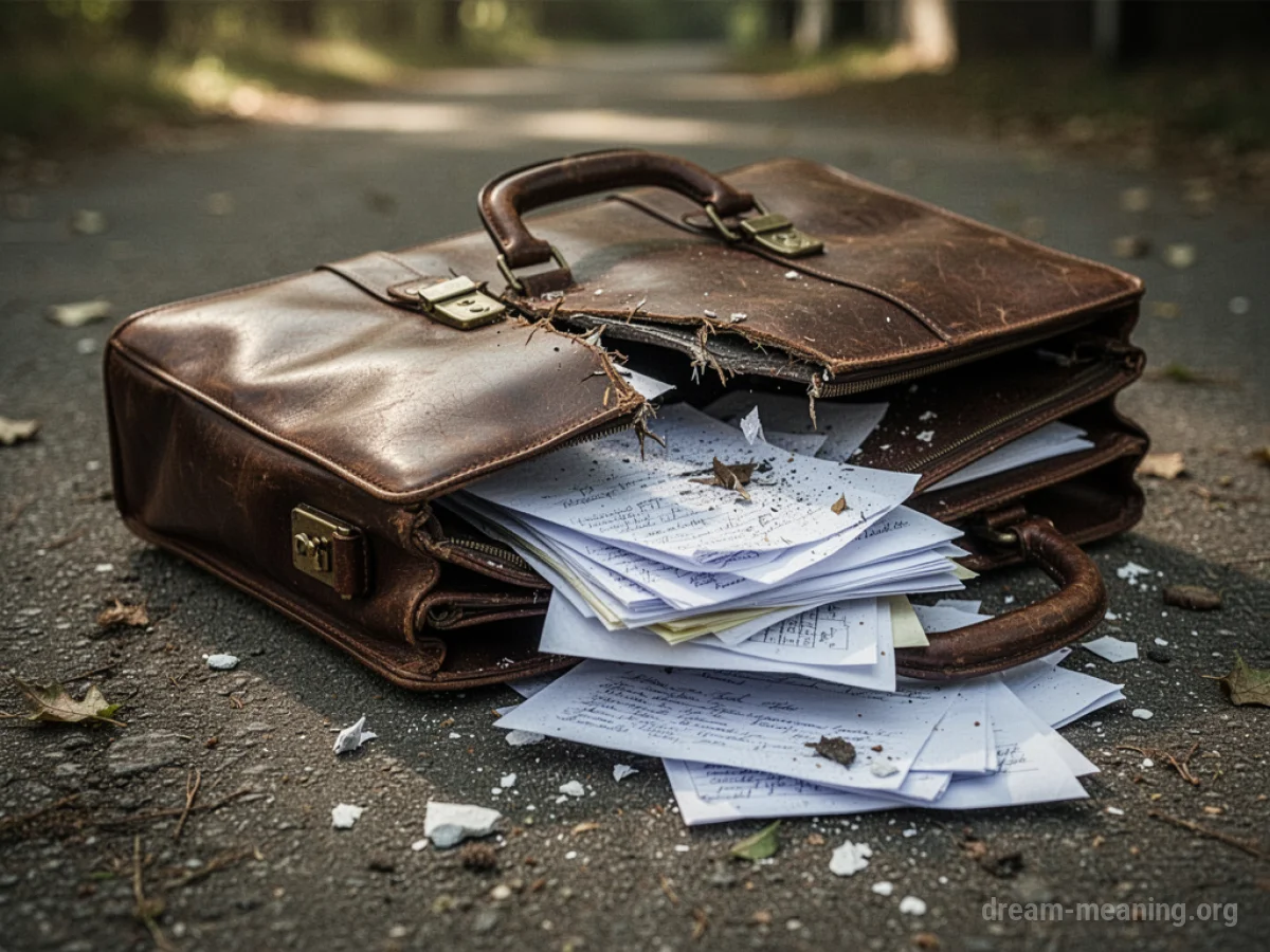 A broken briefcase with papers scattered around it.