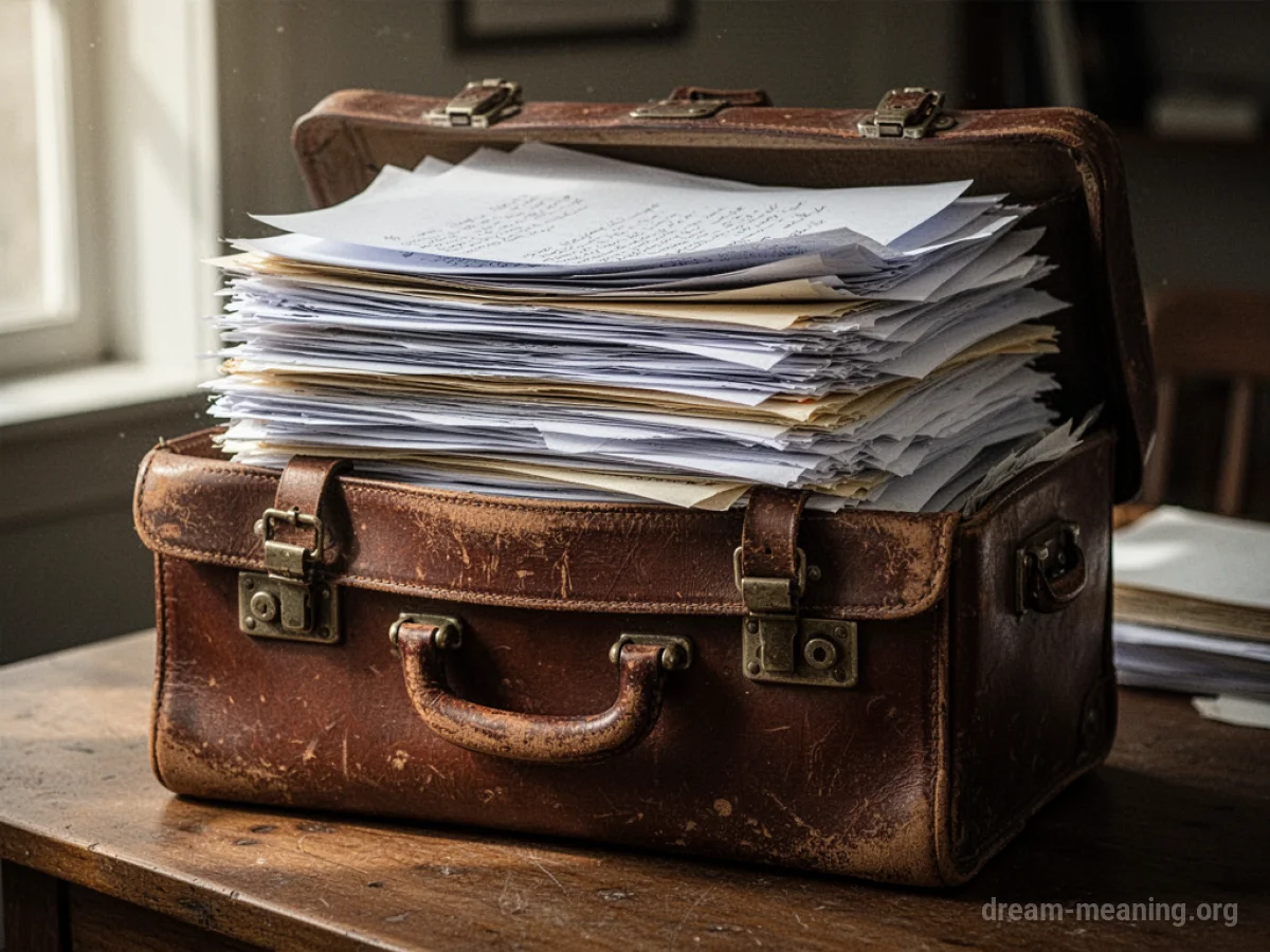 A leather briefcase spilling out numerous paper documents.