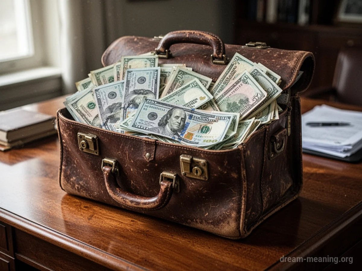 A briefcase overflowing with money on a desk.