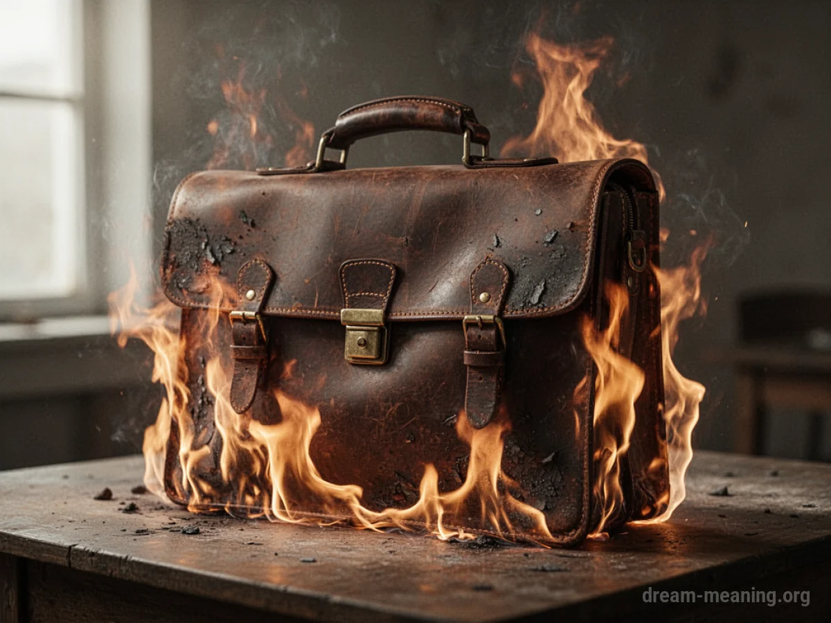 A leather briefcase engulfed in flames.