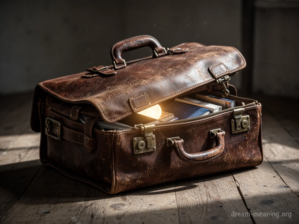 A closed briefcase with a faint light shining from the seam.