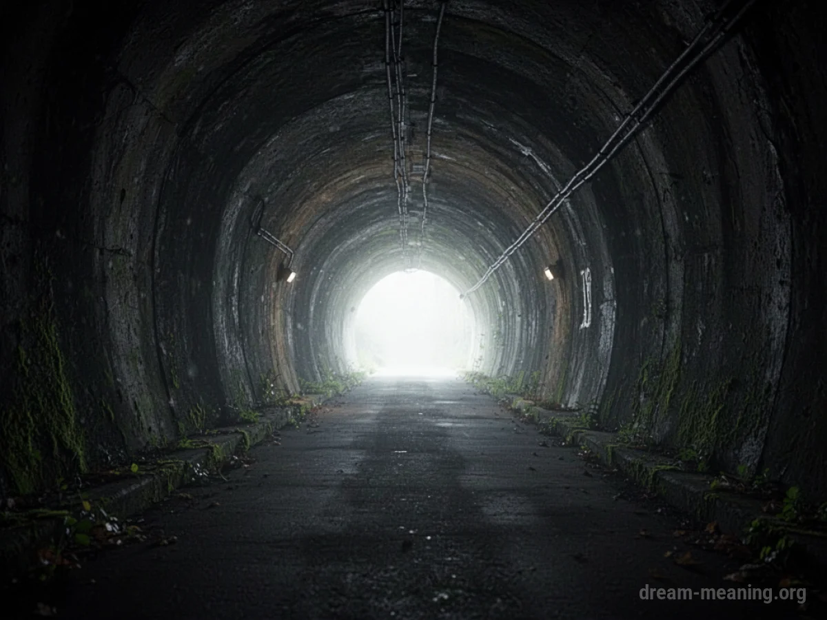 View from inside a dark tunnel looking towards a distant bright light.
