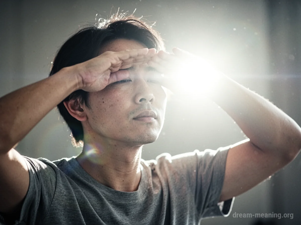 Person shielding eyes from intense white light.