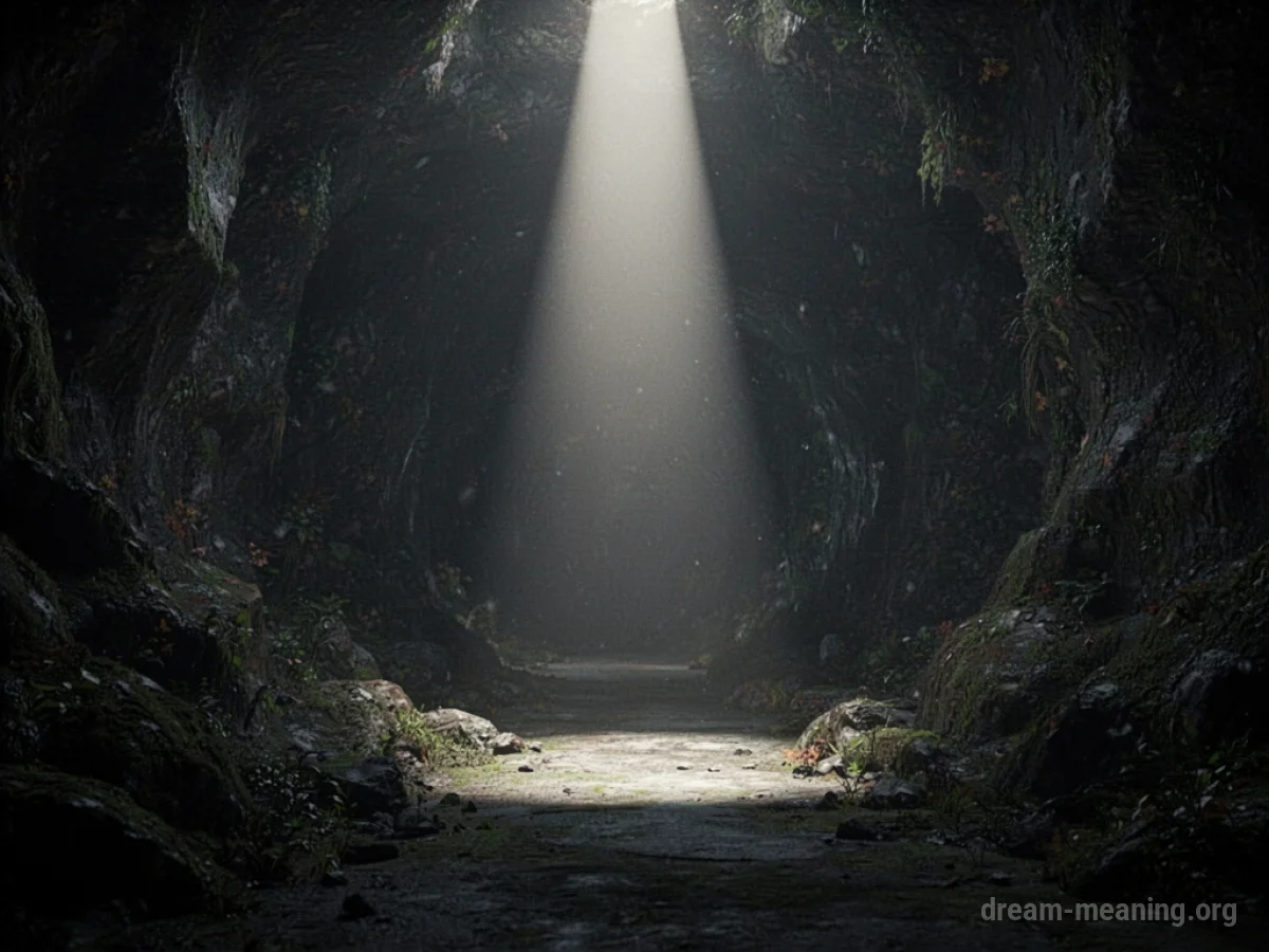 A bright beam of light shining down into a darkened, indistinct area.