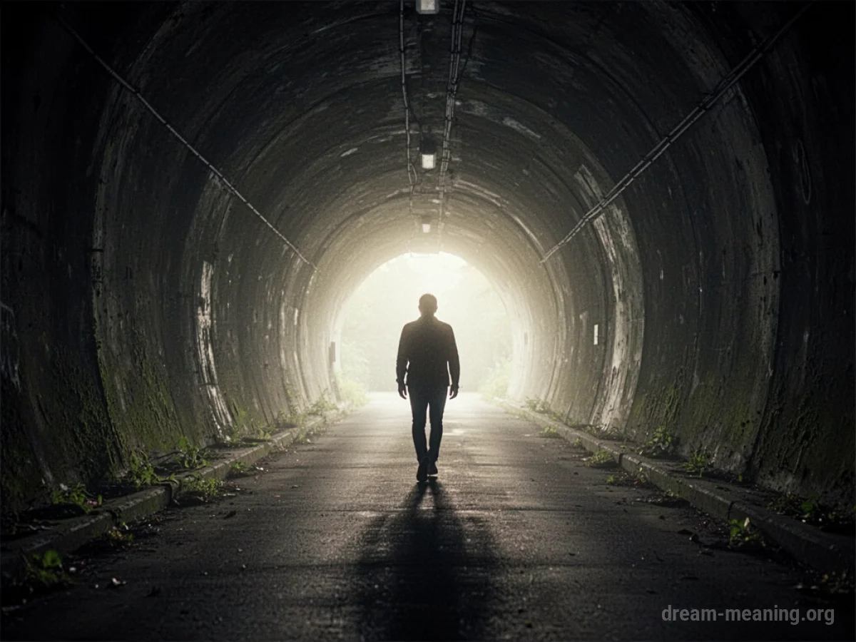Silhouette of a person walking towards a bright light at the end of a tunnel.
