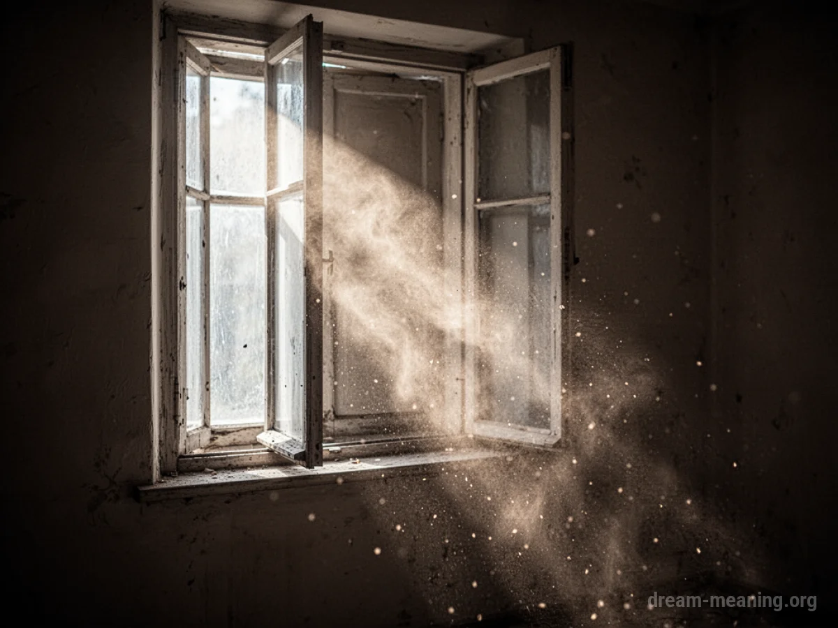 A strong beam of light shining through a window into a darkened room.