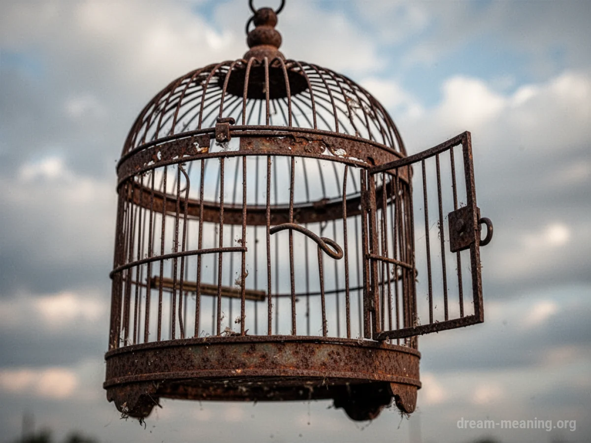 An old, damaged bird cage with an open, broken door.