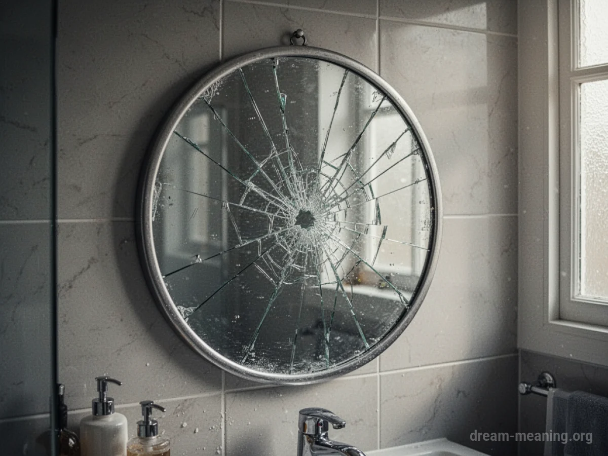 A cracked mirror hanging on a bathroom wall, showing a warped reflection.