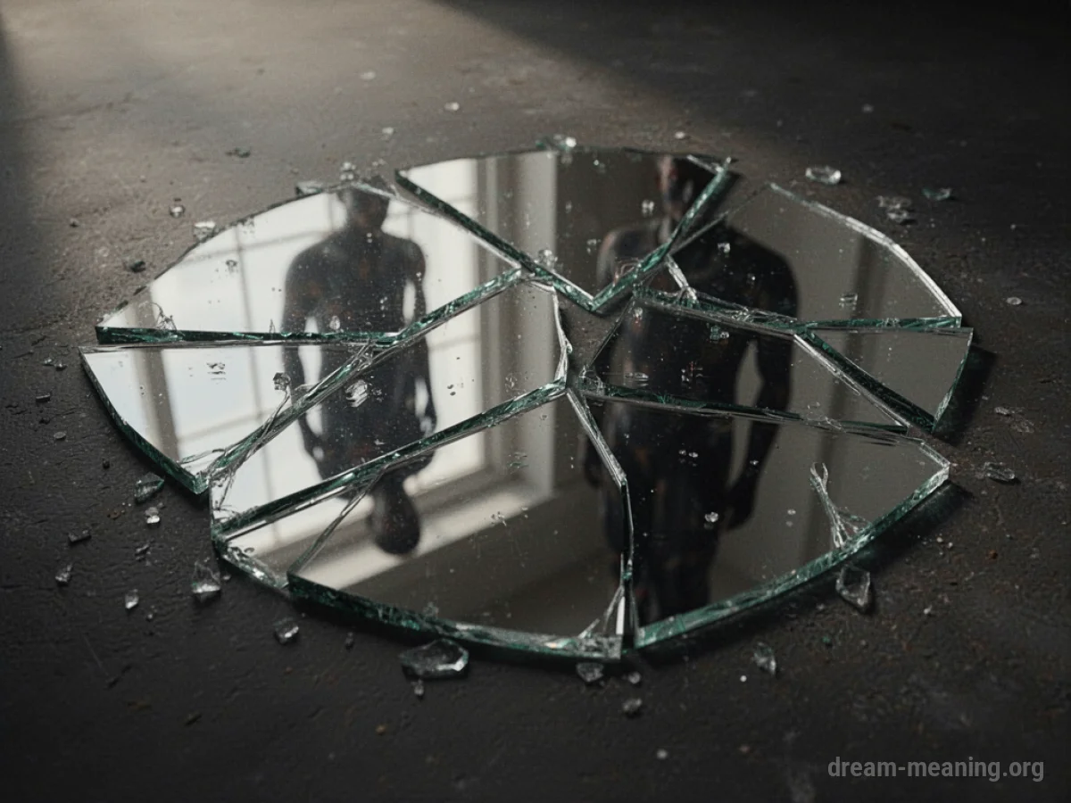 Shattered pieces of a mirror on a dark floor.
