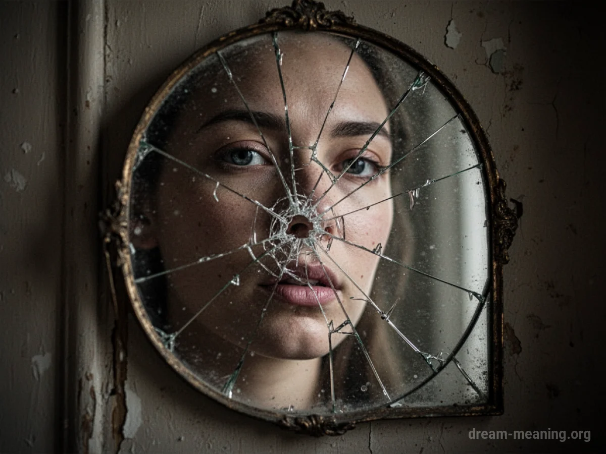 A close-up of a shattered mirror showing a fragmented face.