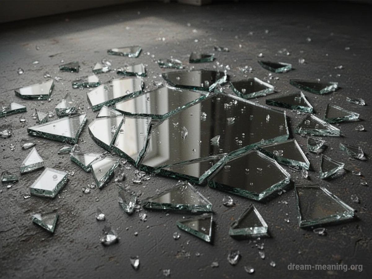 Many pieces of a shattered mirror lying on a dark surface.