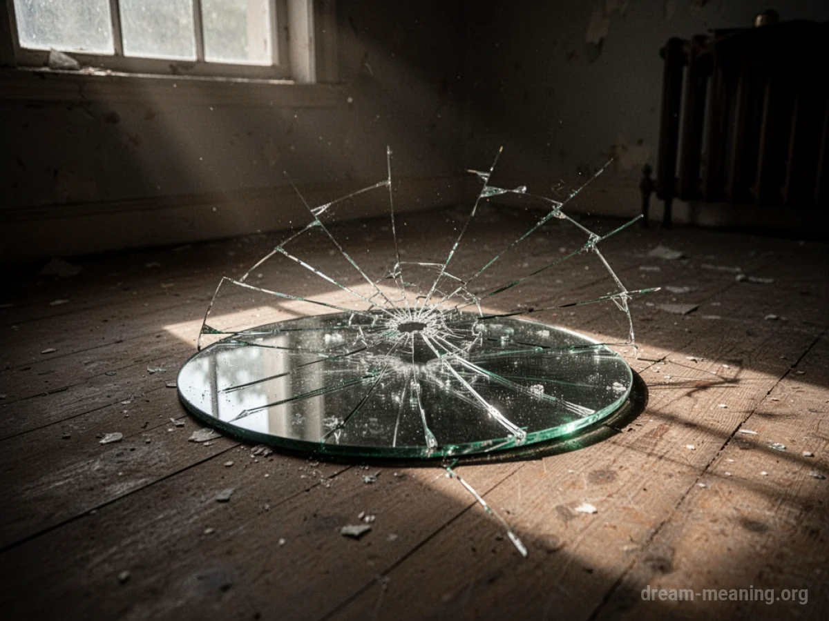 A cracked mirror on a wooden floor.