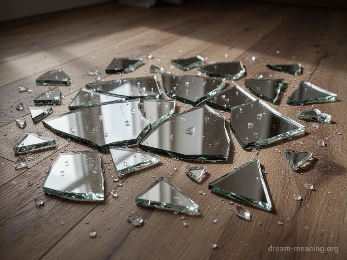 Shattered pieces of a mirror spread across a wooden floor.