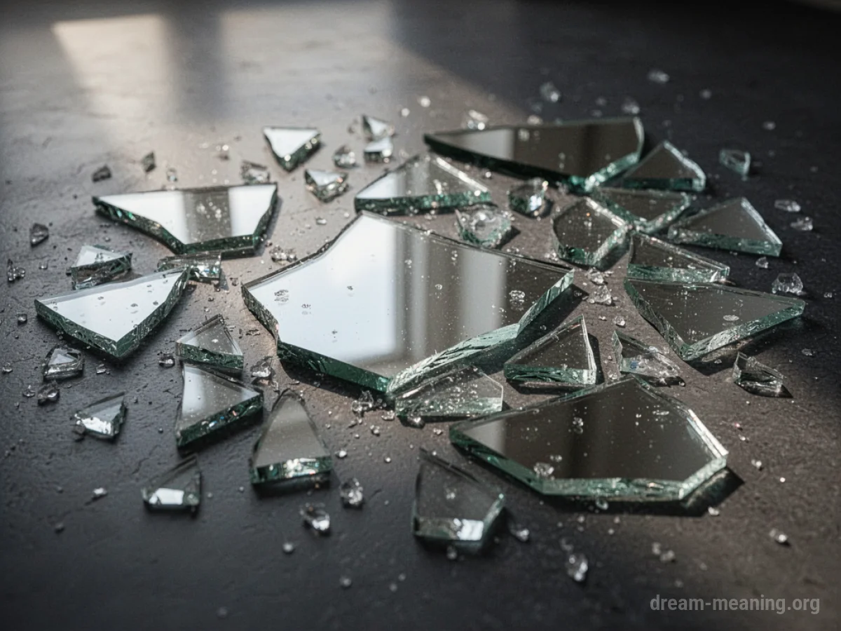 Numerous sharp fragments of a broken mirror scattered across a dark, glossy floor.