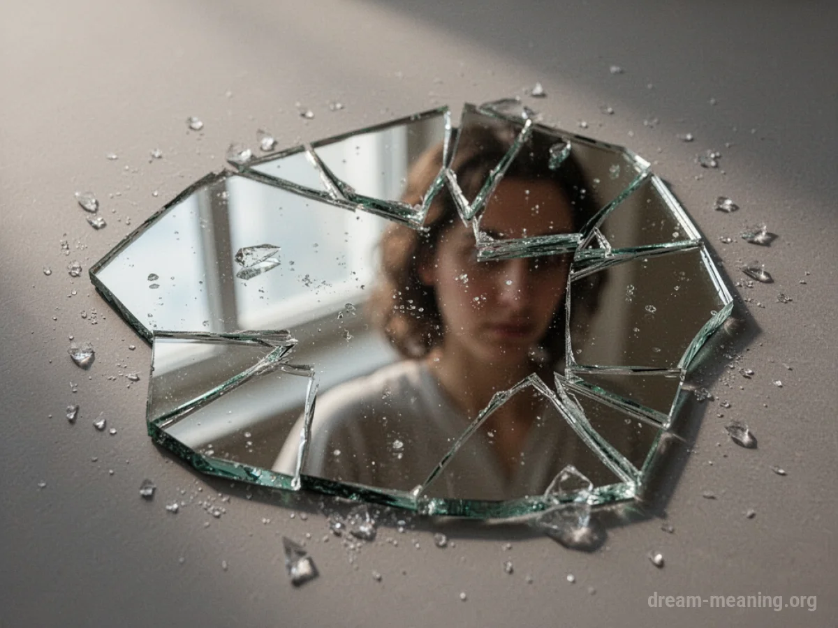 A shattered mirror with a distorted reflection in one piece.