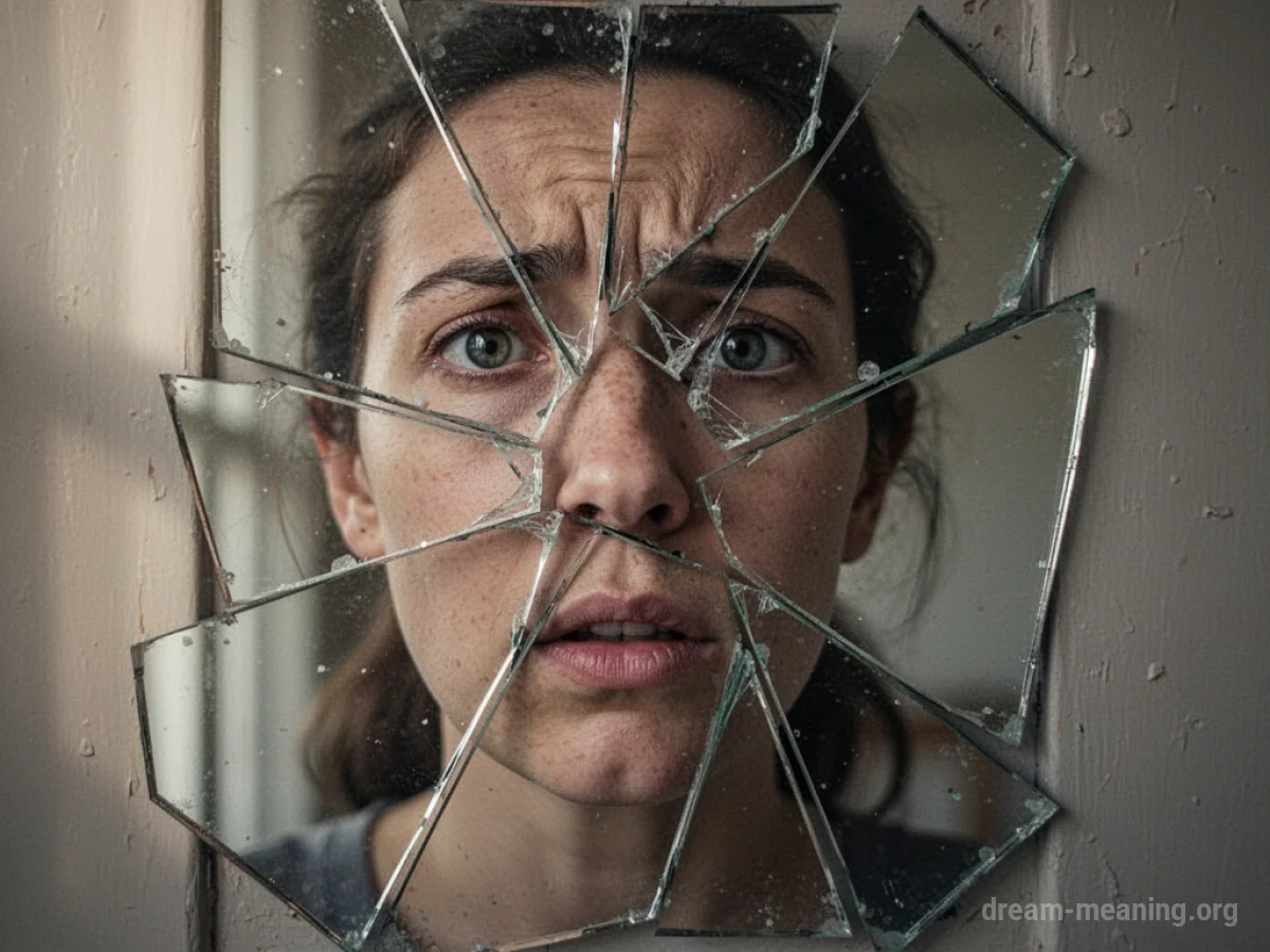 A face seen in multiple cracked mirror shards.