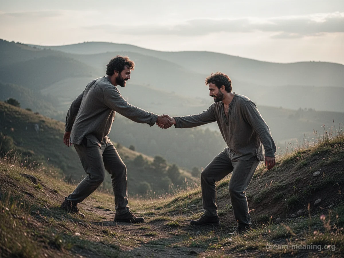 One man reaching out to help another man stand.