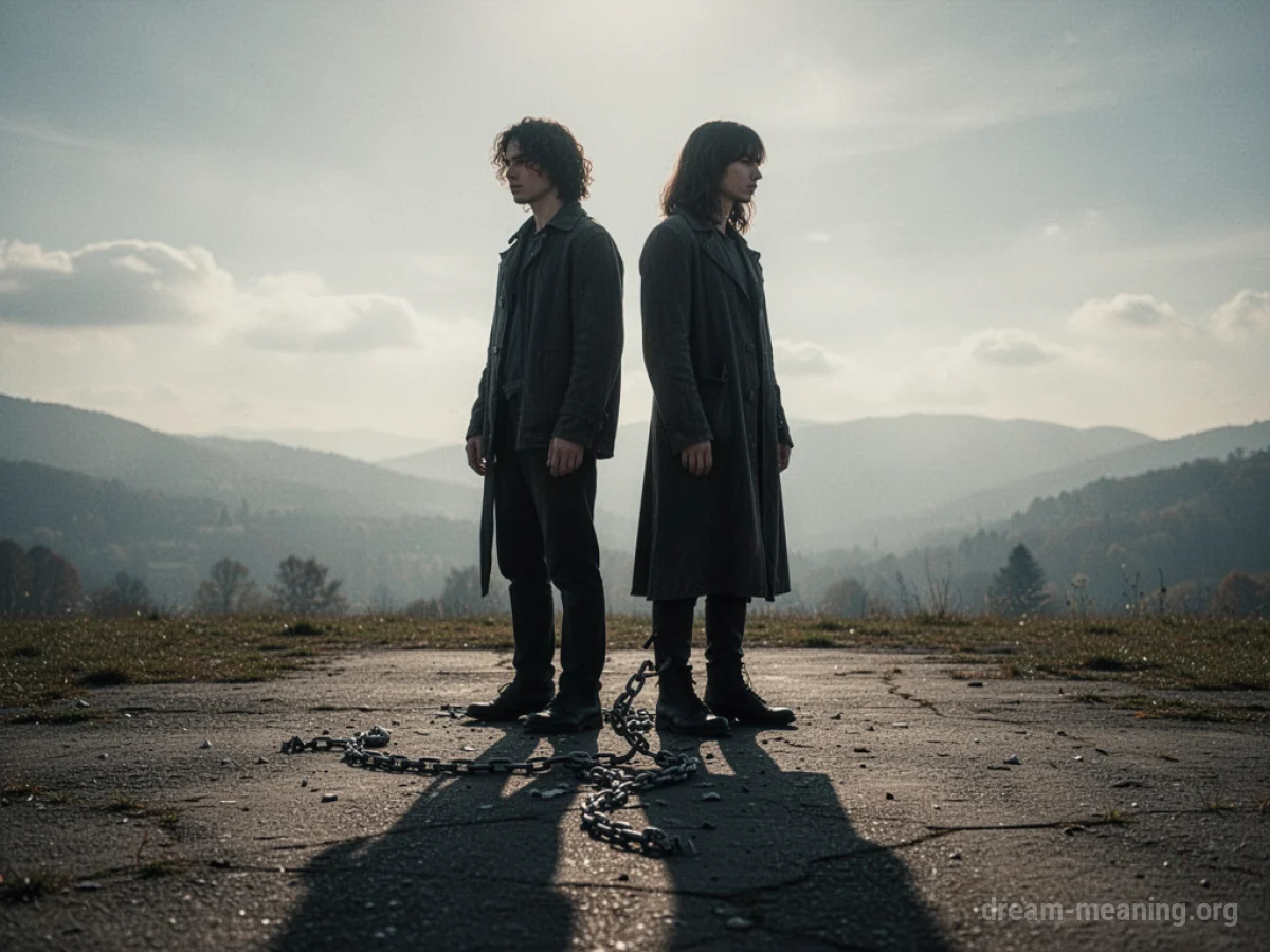 Two silhouetted figures with a broken chain between them.